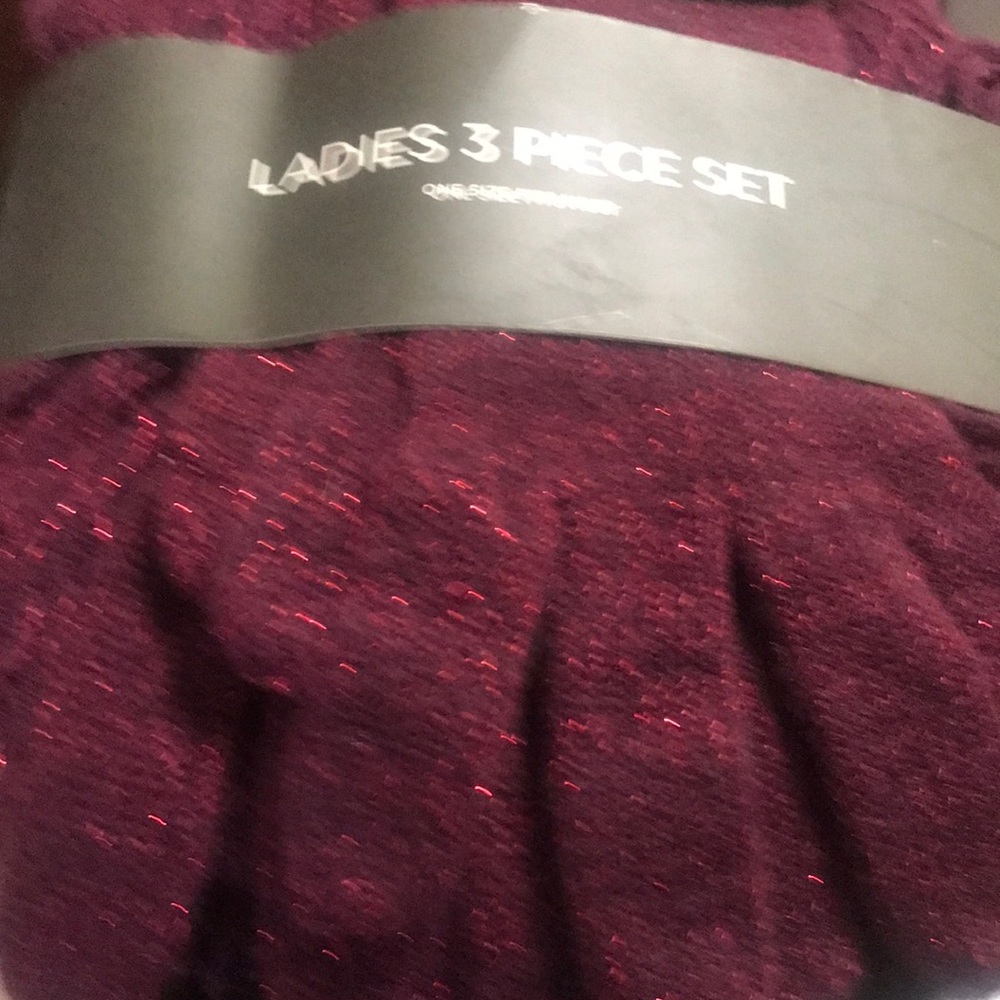 NWT Ladies 3 piece set - hat glove and scarf set maroon with sparkles in it